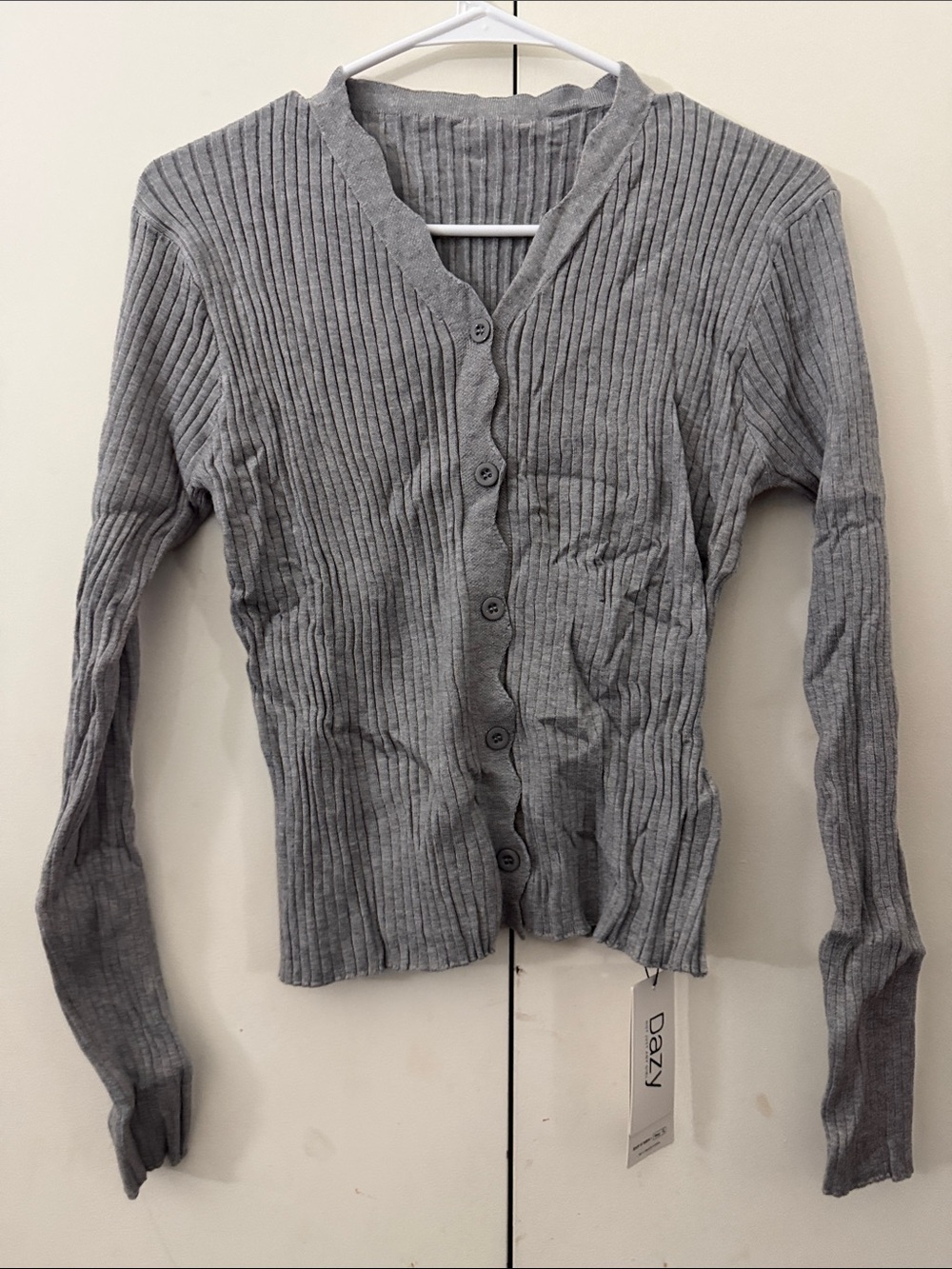 Ribbed Button-Front Cardigan - Gray